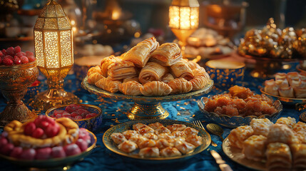 Fototapeta premium Festive Iftar Setup with Middle Eastern Sweets on Royal-Blue Tablecloth and Golden Lantern