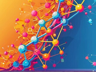 Abstract molecular structure with colorful spheres and connecting lines on a vibrant background