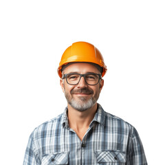 Happy middle-aged engineer man in construction hard hat isolated on transparent background