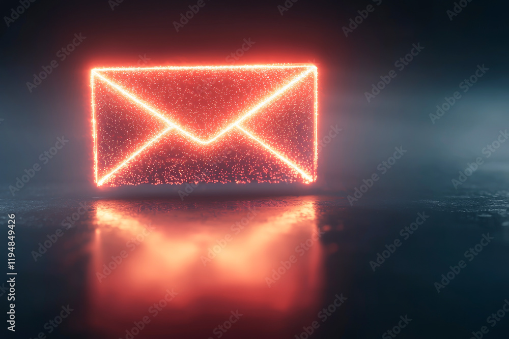 Poster glowing neon email icon on a reflective surface, creating a modern digital vibe.