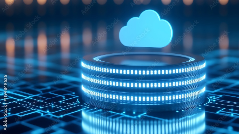 Poster modern cloud computing icon with digital coins and networking graphics in futuristic technology scen