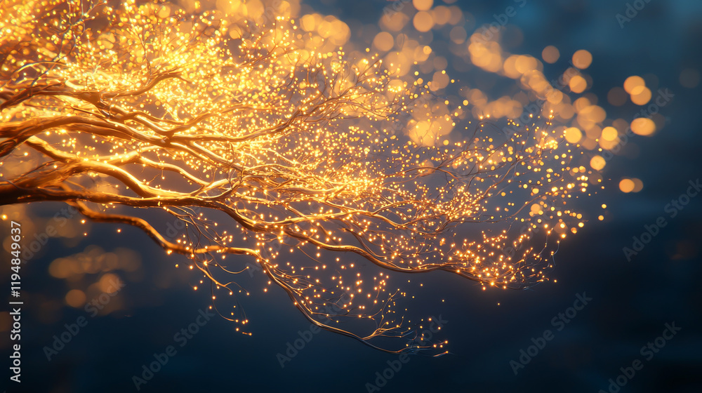 Poster golden sparkles illuminate the branches, creating a magical and enchanting atmosphere.