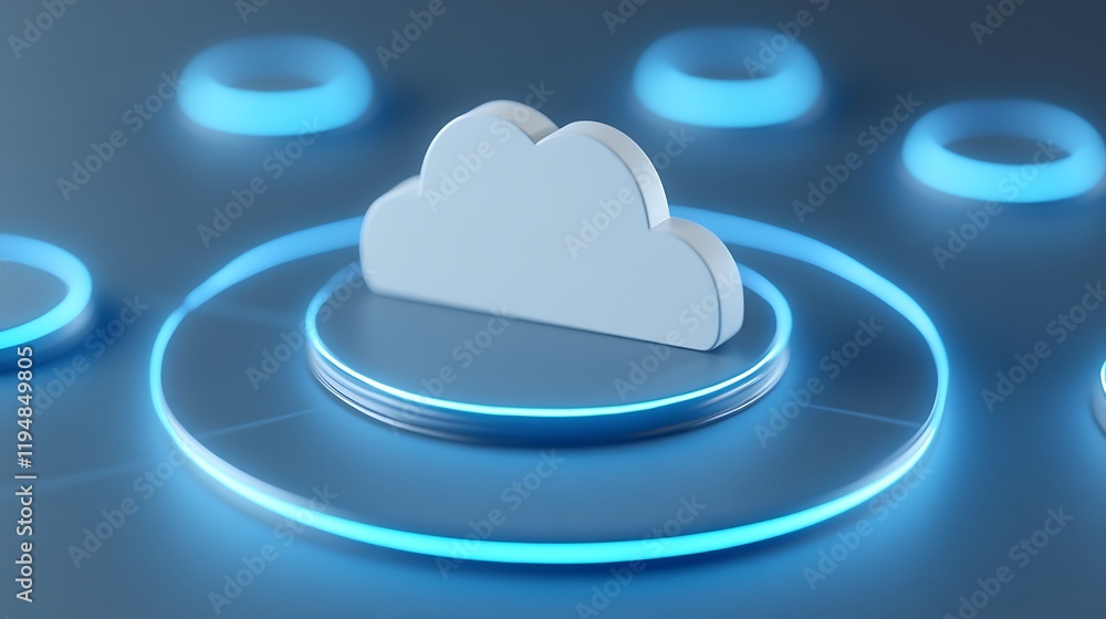 Poster modern cloud computing symbol on futuristic background with bright circles and neon effects