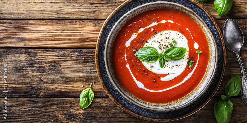Aufkleber aerial view of vibrant tomato puree soup in a dark bowl garnished with cream and fresh basil on a ru