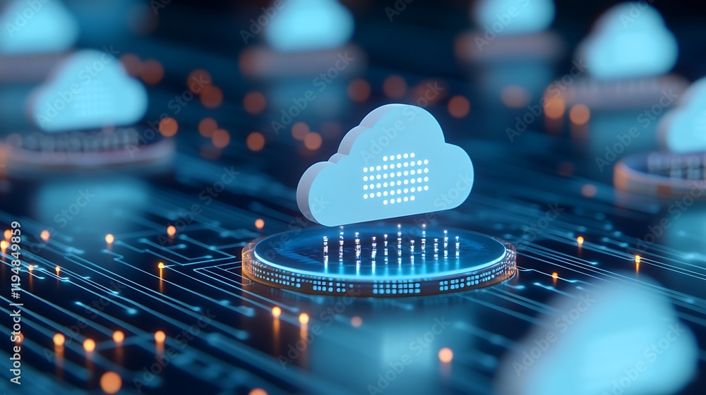 Poster modern cloud computing technology with digital network circuits and glowing data visualizations