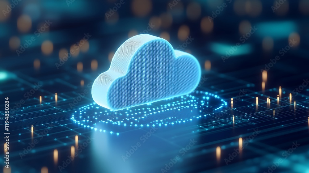 Poster modern cloud storage concept with digital elements and glowing lights in abstract futuristic style