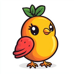 Obraz premium Adorable Cartoon Bird With Orange Body Red Wing And Green Leaves