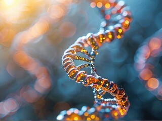Close-up of a vibrant DNA double helix structure with glowing background bokeh effect