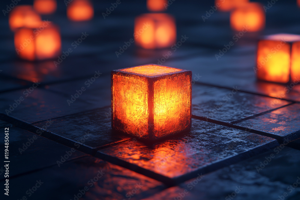 Poster illuminated cubes create a captivating, futuristic atmosphere in a dark setting.