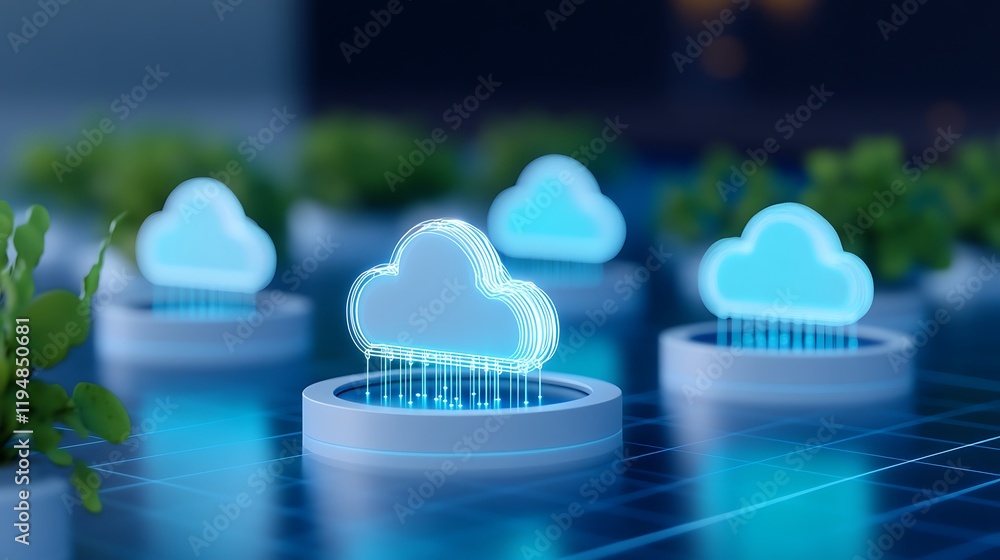 Poster modern cloud technology concept with luminous cloud icons and digital elements in a futuristic setti
