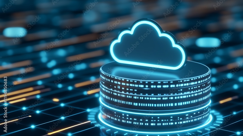 Poster modern cloud technology concept with neon glow on data storage background in digital environment