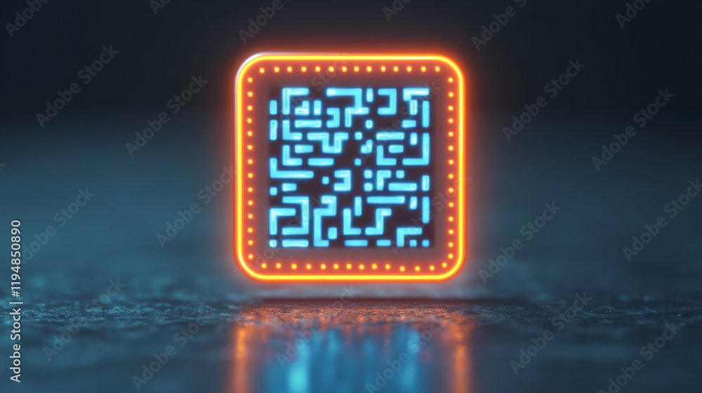 Poster illuminated qr code on dark background, representing digital communication and innovation.