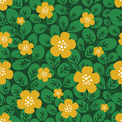 Seamless pattern with yellow flowers and leaves on a green background