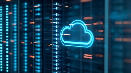 Modern Data Center with Digital Cloud Icon in Neon Blue and Orange Lights for Technology and Innovation Themes