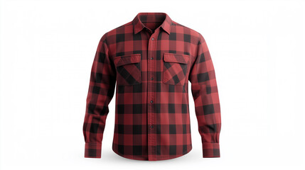 Red and black checkered flannel shirt with long sleeves and pockets, perfect for casual wear.
