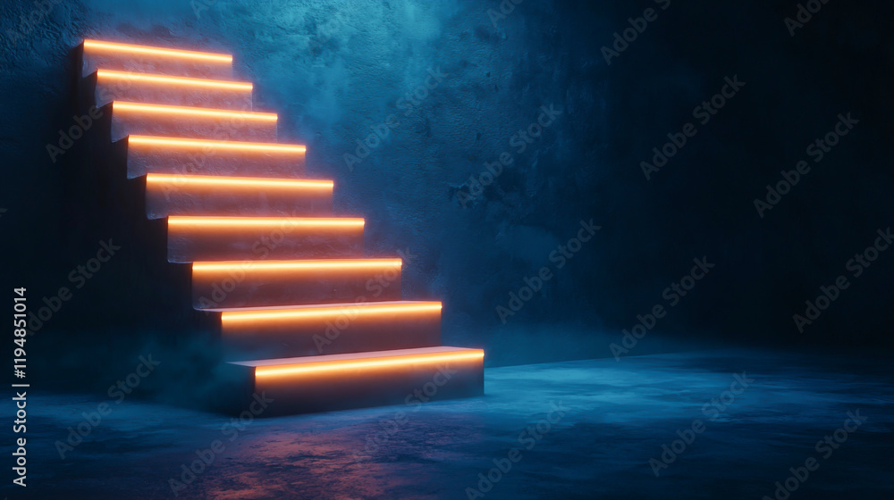 Poster illuminated staircase in a dark setting creates a mysterious atmosphere.