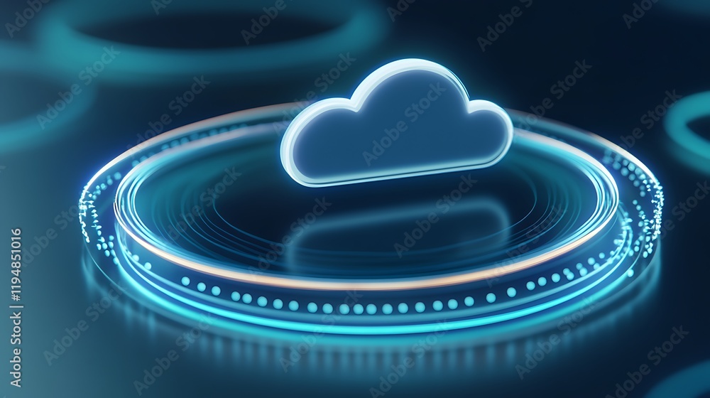 Poster modern digital cloud icon on a futuristic background with neon lights and circular patterns