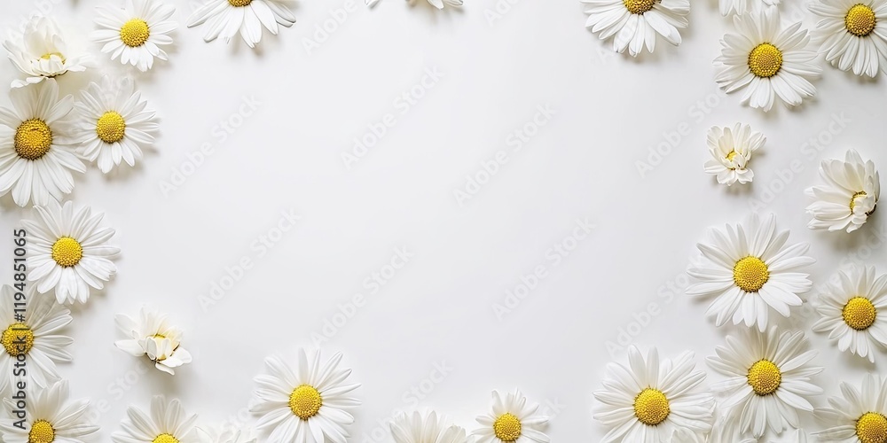 Poster aerial view of white daisy flowers arranged on a clean white background creating a circular frame wi