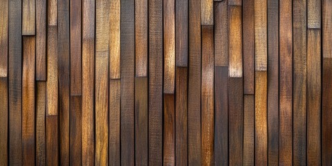 Rich brown wooden texture backdrop featuring various shades of walnut and oak arranged in vertical strips, ideal for design and branding projects.