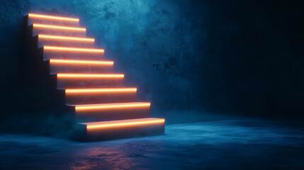 Illuminated staircase in a dark setting creates a mysterious atmosphere.