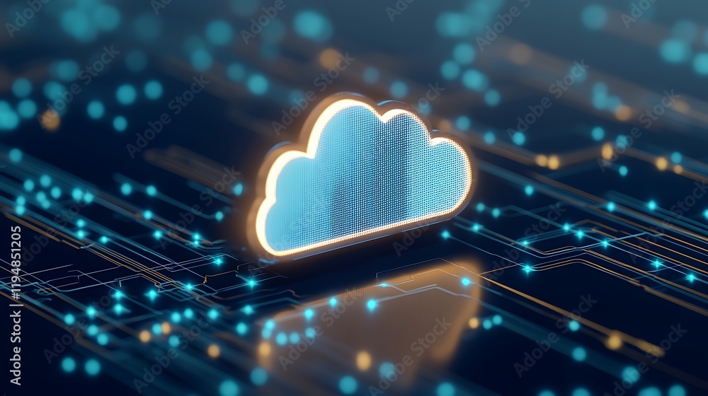 Poster modern digital cloud symbol surrounded by connecting lines and data points in a technological backgr
