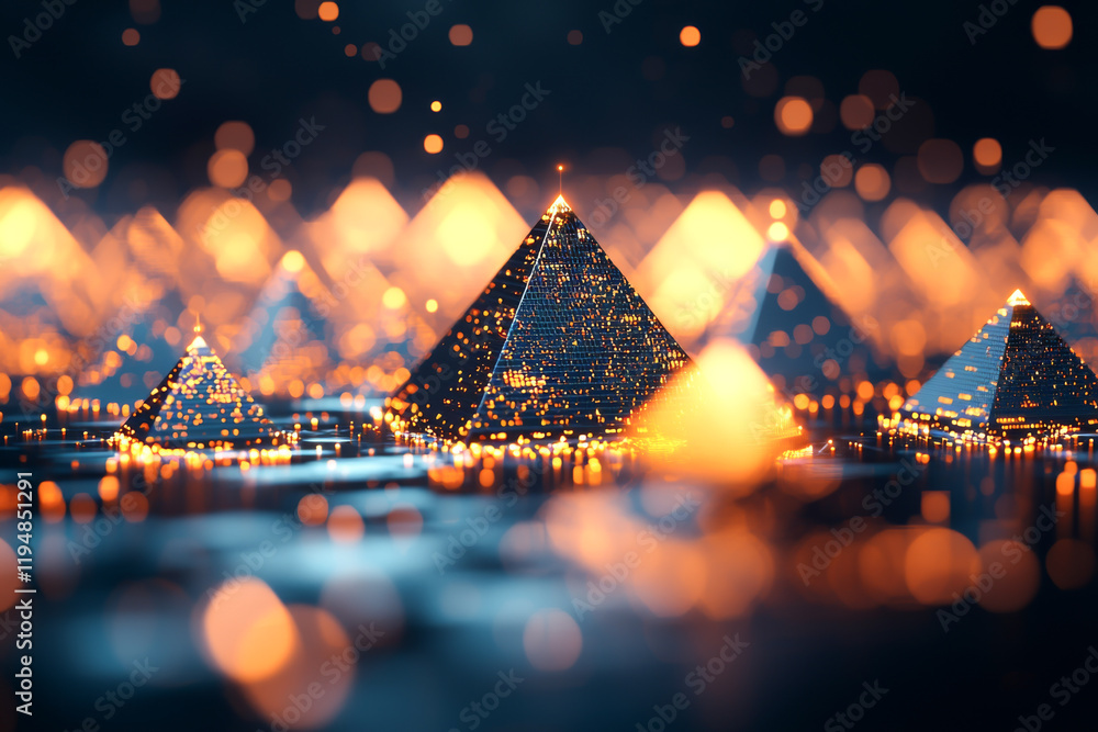 Poster intricate pyramid designs with glowing lights create an enchanting visual atmosphere.