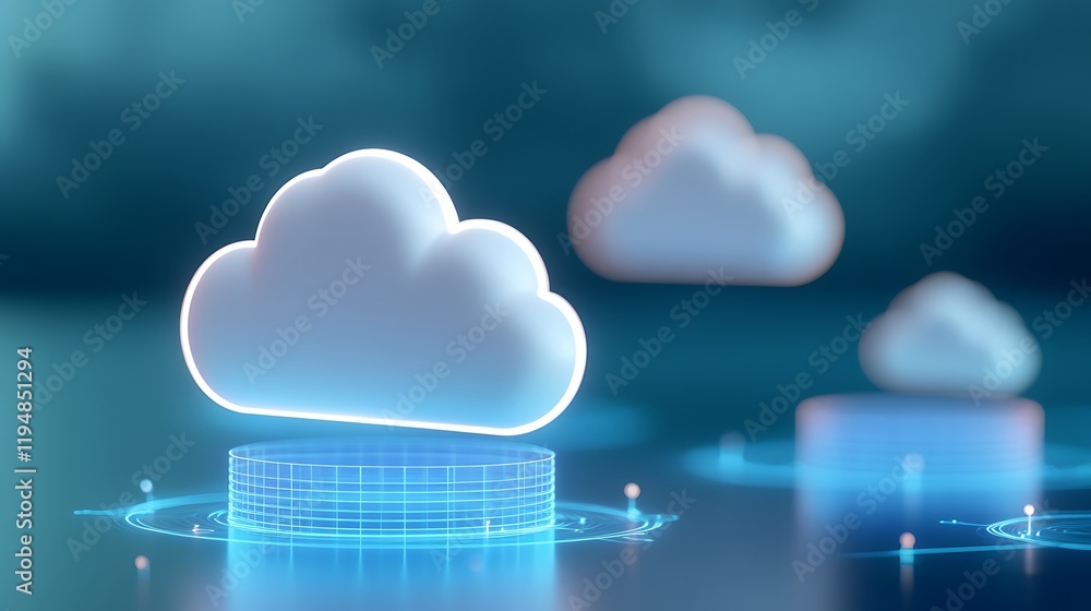 Poster modern digital cloud technology with abstract circular platforms and soft blue background