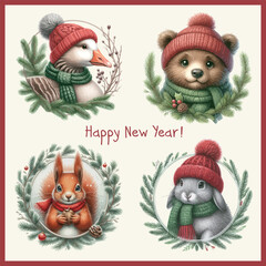 Christmas pencil drawing animal faces clipart. Winter animal heads with cute goose, squirrel, bear, bunny, rabbit