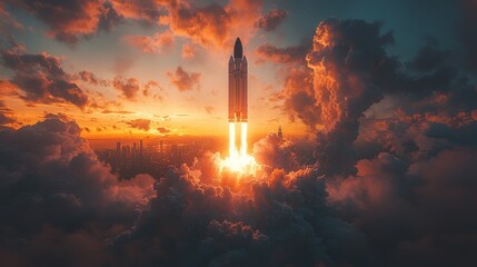 A rocket taking off with a background of a vibrant city at sunrise, representing the launch of a new business, ambition, success, dynamic composition
