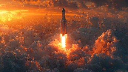 A rocket taking off with a background of a vibrant city at sunrise, representing the launch of a new business, ambition, success, dynamic composition