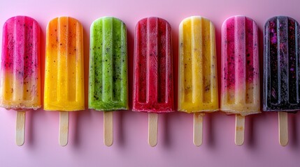 A row of colorful popsicles with different flavors, summer snacks, fun and playful, bright background, detailed, close-up