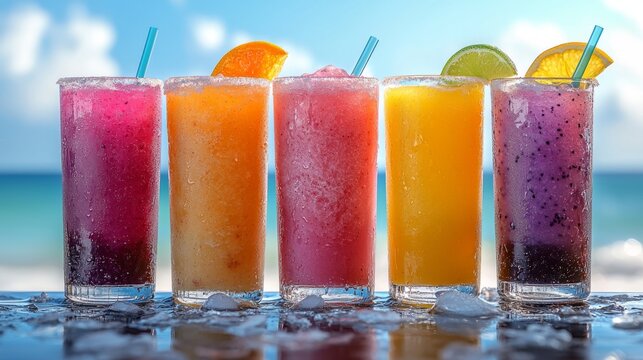 A row of colorful frozen drinks on a bar counter with a beach background, festive and fun, bright colors, summer mood, playful