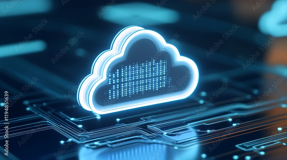 Poster neon cloud icon on circuit board background representing digital data storage and technology concept