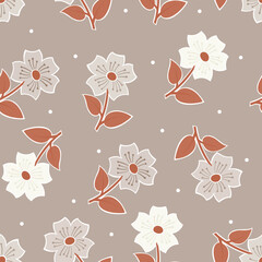 Seamless pattern with white flowers on a brown background. Vector illustration.