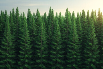 Obraz premium Lush green pine trees in a dense forest under a clear sky during sunset.