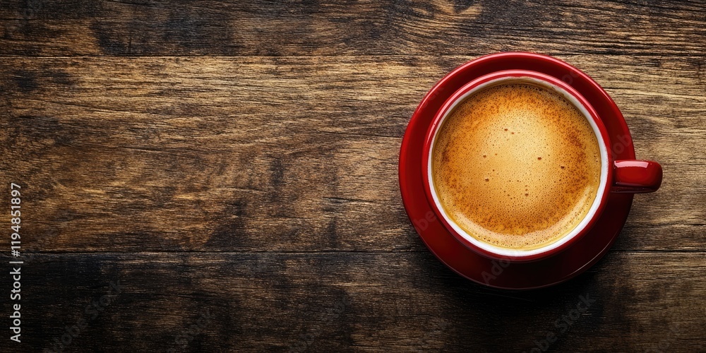 Poster aerial view of hot cappuccino in a red cup on a dark wooden table with ample negative space on the l