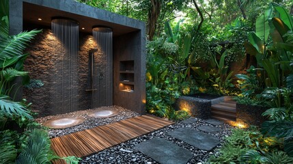 A secluded outdoor shower surrounded by greenery, soft lighting, natural textures, open spa background