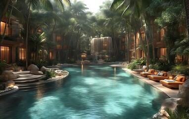 Lush tropical resort pool with waterfall.