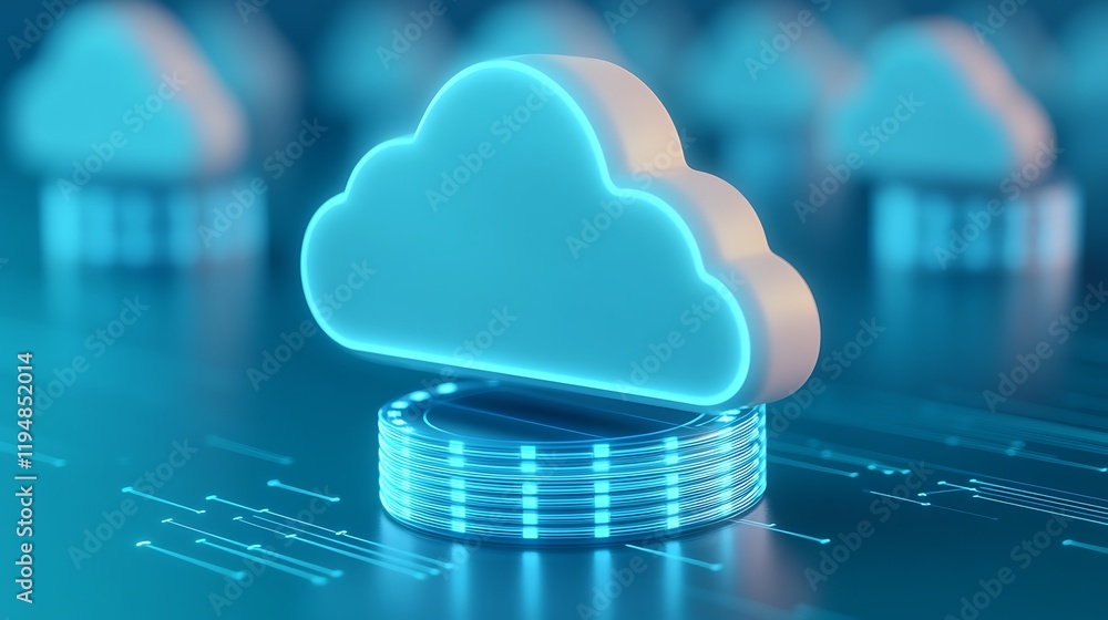 Poster neon cloud symbol with data circuits representing cloud computing technology in modern digital envir