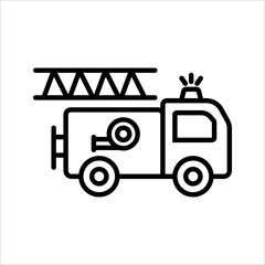 Fire emergency firetruck icon set. Black fire truck with ladder silhouette and line icon.