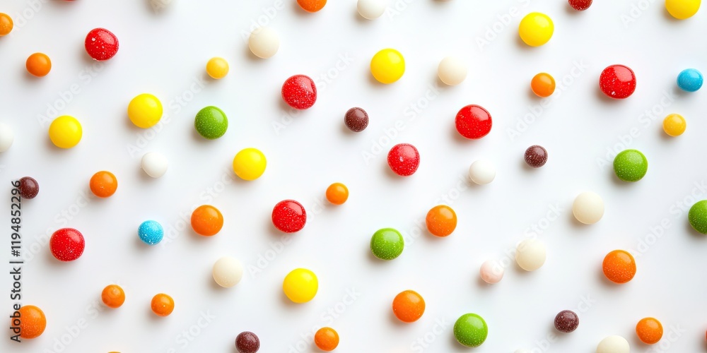 Poster Colorful assorted candies in various sizes scattered on a bright white background with generous empty space for text placement in the center