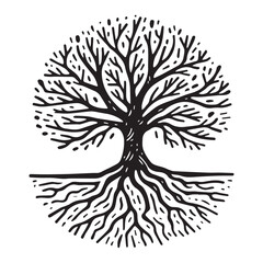 simple Hand drawn tree with roots flat vector illustration linocut

