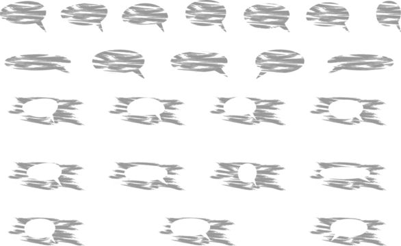 A versatile collection of grunge-styled speech bubbles with textured brushstroke designs. These gray speech bubbles come in a variety of shapes and orientations, ideal for adding a raw, artistic flair