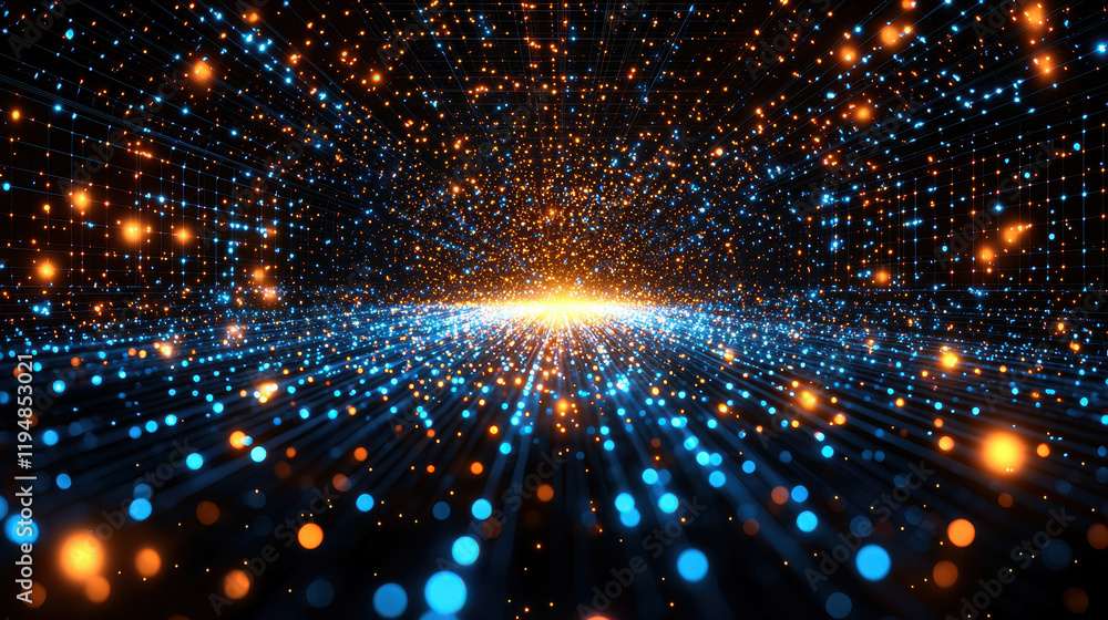 Poster futuristic cityscape illuminated by vibrant data streams highlighting the interconnected networks of