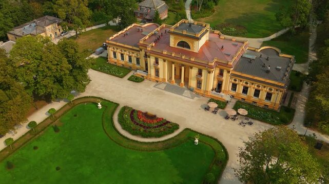 Drone shot of Traku Voke Manor in Traku Voke, Lithuania, historic monument