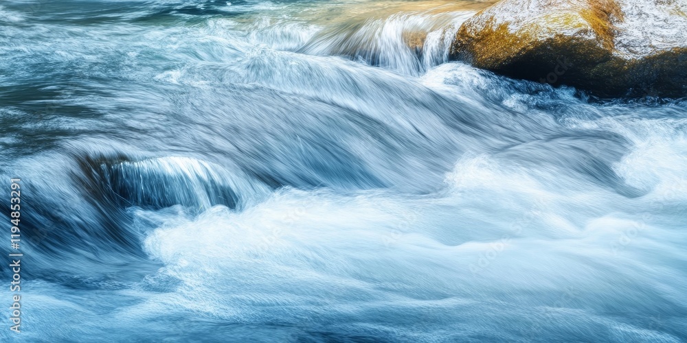 Poster dynamic flowing river with smooth blue water and textured golden rocks, creating an abstract nature 