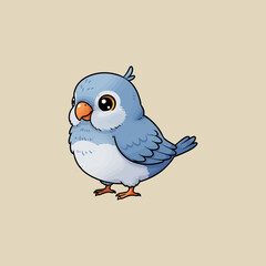 A cute cartoon illustration of a small blue bird with large eyes and orange beak.