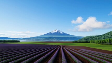 Naklejka premium Lavender Field with Mountain View