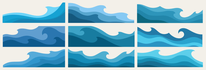 Set Marine seamless pattern with stylized waves on a light background