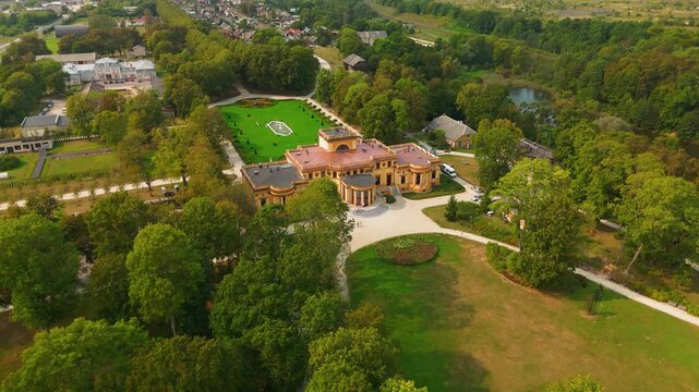 Drone shot of Traku Voke Manor in Traku Voke, Lithuania, historic monument